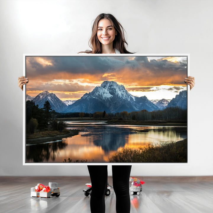 Mountain Sunset Wall Art Canvas Print, Framed Alpine Wilderness Art Picture Print, Golden Hour Perfect Wilderness Decor Artwork