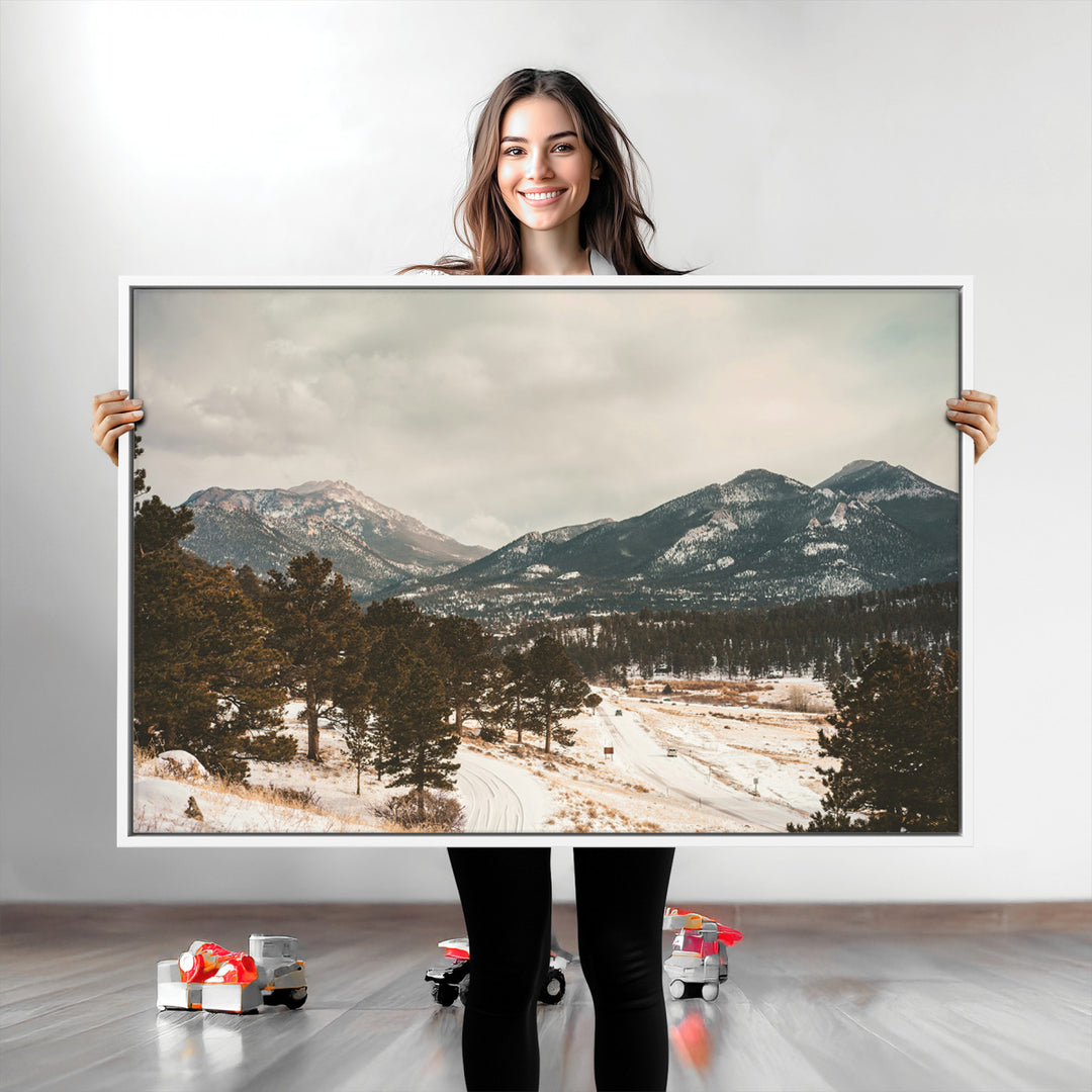 Mountain Landscape Wall Art Canvas Print, Framed Snowy Peaks Art Picture Print, Alpine Aesthetic Perfect Rustic Winter Decor Artwork