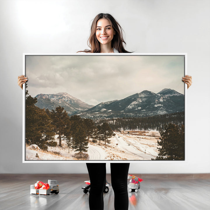 Mountain Landscape Wall Art Canvas Print, Framed Snowy Peaks Art Picture Print, Alpine Aesthetic Perfect Rustic Winter Decor Artwork