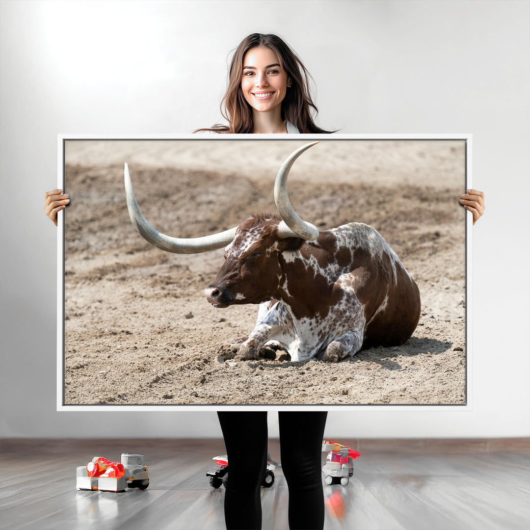 Texas Longhorn Wall Art Canvas Print, Framed Country Living Art Picture Print, Farmhouse Perfect Western Decor Artwork