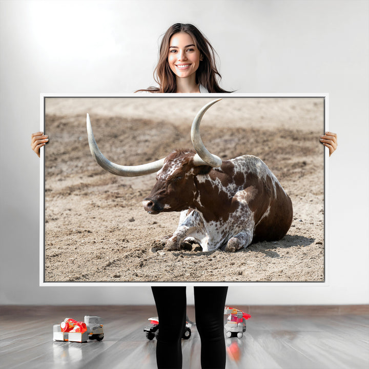 Texas Longhorn Wall Art Canvas Print, Framed Country Living Art Picture Print, Farmhouse Perfect Western Decor Artwork