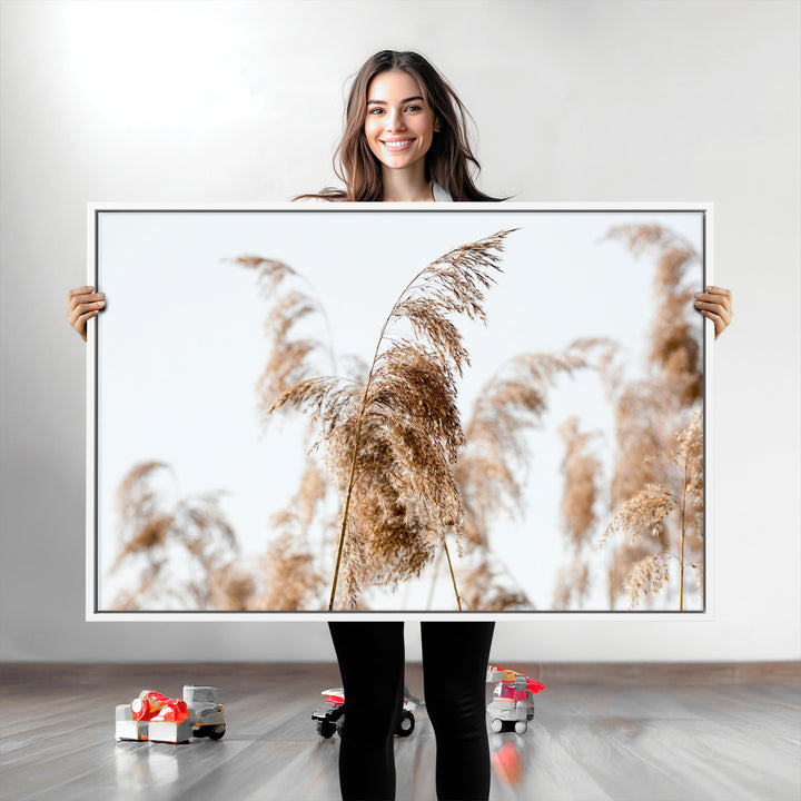 Pampas Grass Wall Art Canvas Print, Framed Neutral Tones Art Picture Print, Minimalist Nature Perfect Boho Decor Artwork