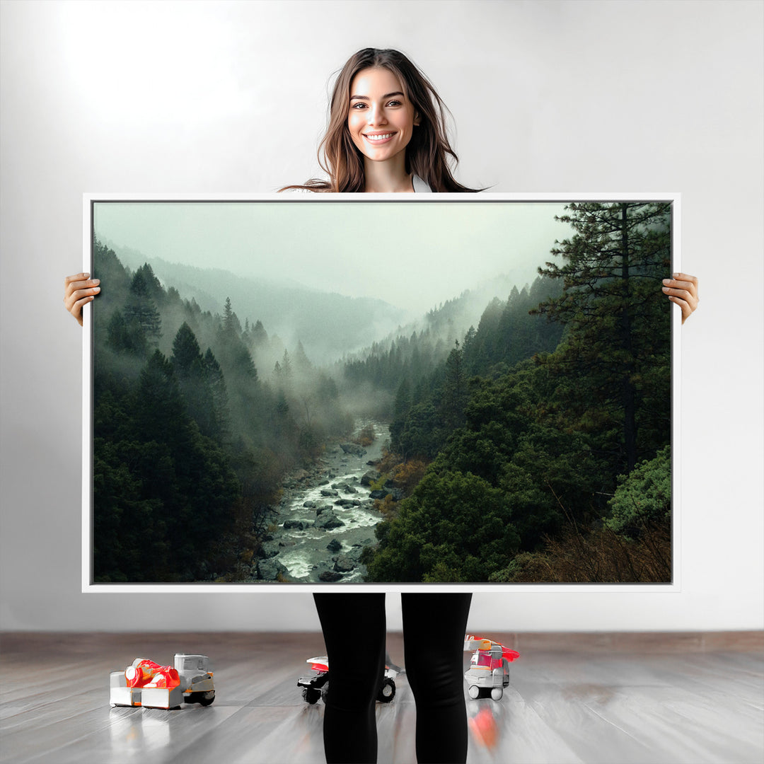 Misty Forest Wall Art Canvas Print, Framed Foggy River Art Picture Print, Moody Landscape Perfect Wilderness Decor Artwork