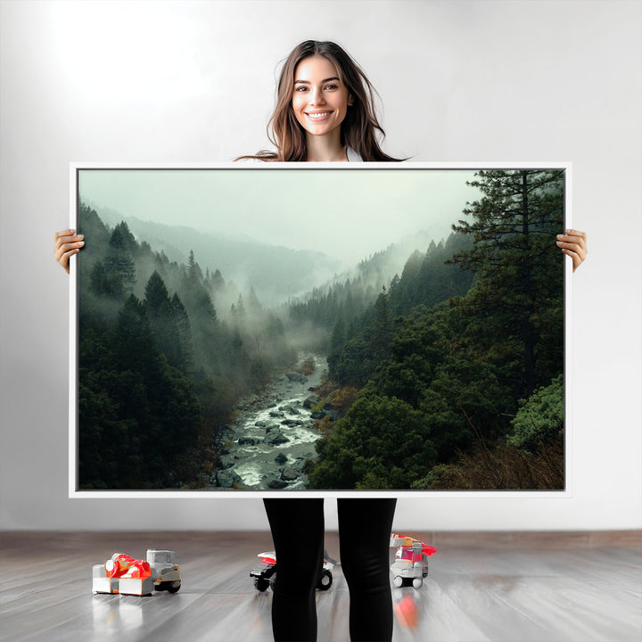 Misty Forest Wall Art Canvas Print, Framed Foggy River Art Picture Print, Moody Landscape Perfect Wilderness Decor Artwork