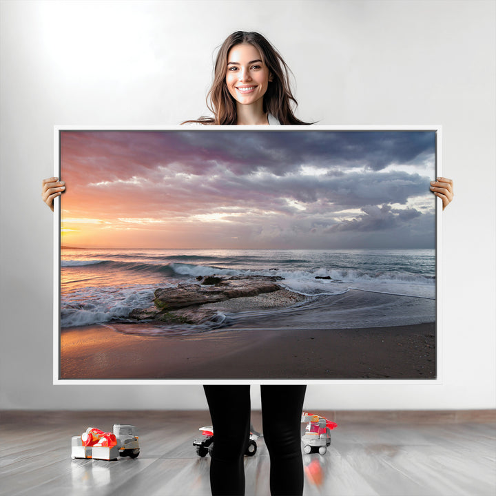 Golden Hour Wall Art Canvas Print, Framed Tranquil Waves Art Picture Print, Beach Perfect Coastal Serenity Decor Artwork