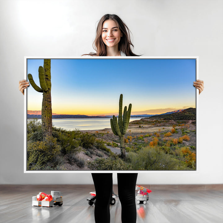 Saguaro Cactus Wall Art Canvas Print, Framed Desert Sunset Art Picture Print, Southwestern Perfect Southwestern Decor Artwork