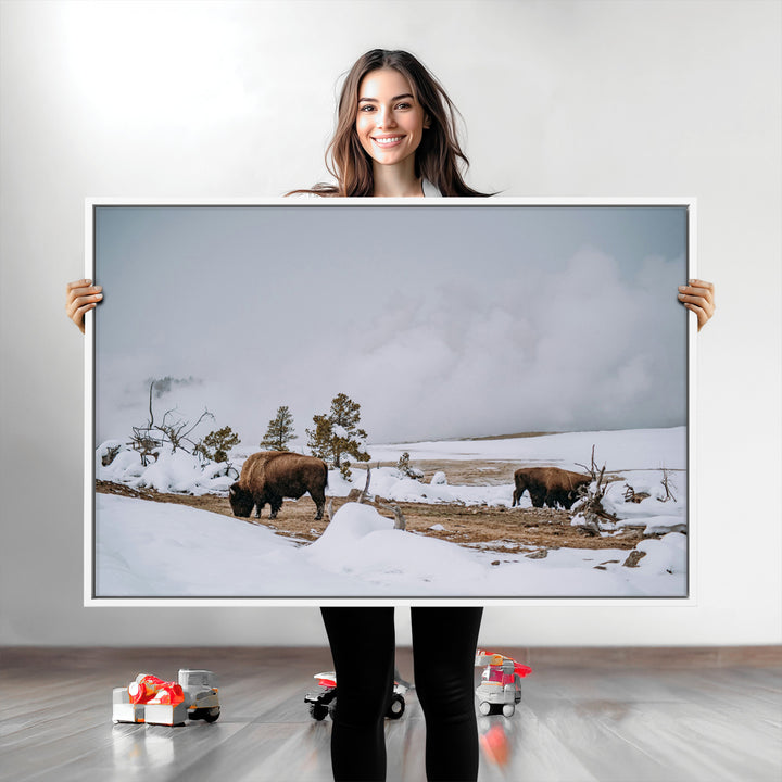 Bison Wildlife Wall Art Canvas Print, Framed Snowy Prairie Art Picture Print, Western Perfect Rustic Decor Artwork