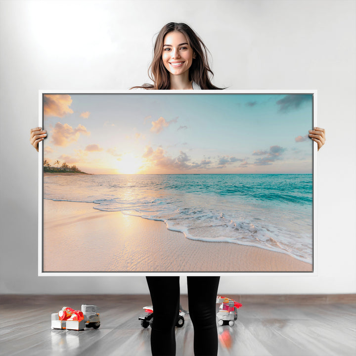 Beach Sunset Wall Art Canvas Print, Framed Ocean Waves Art Picture Print, Summer Escape Perfect Coastal Decor Artwork