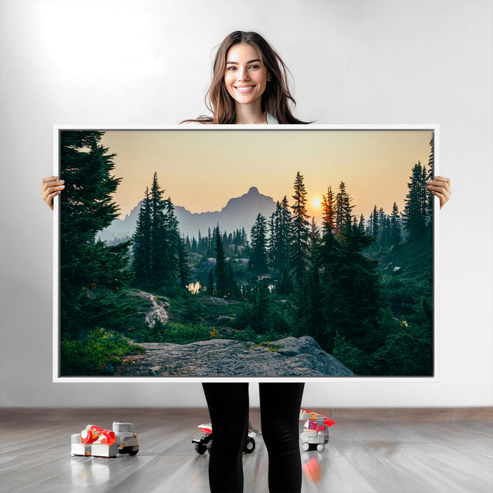 Mountain Wall Art Canvas Print, Framed Forest Serenity Art Picture Print, Mountain Perfect Rustic Decor Artwork