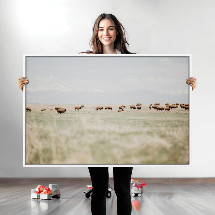 Bison Herd Wall Art Canvas Print, Framed Western Art Picture Print, Bison Perfect Ranch Decor Artwork