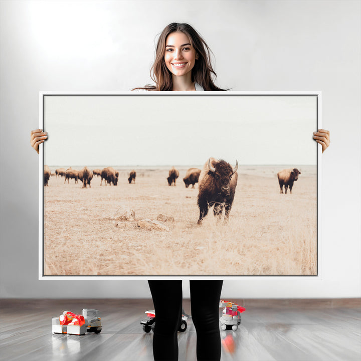 Bison Herd Wall Art Canvas Print, Framed Western Art Picture Print, Prairie Serenity Perfect Ranch Decor Artwork