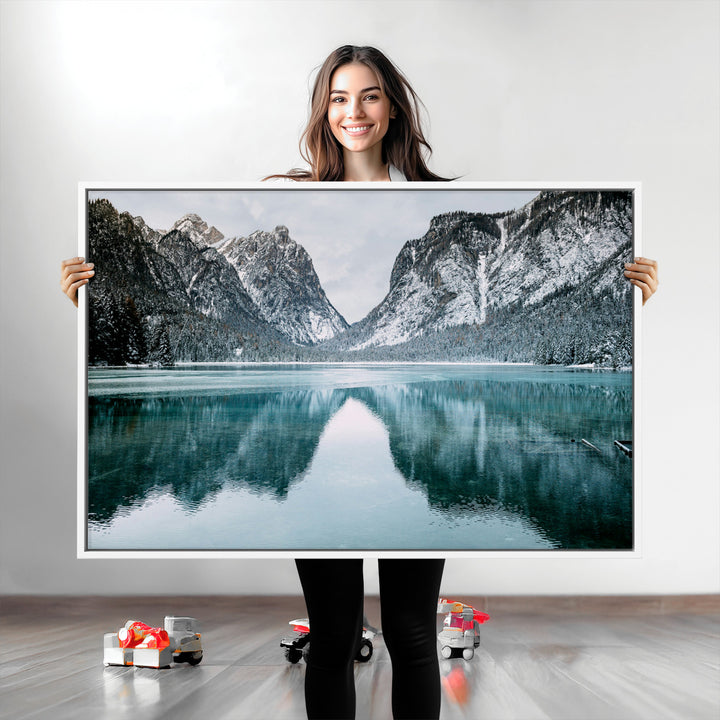 Mountain Lake Wall Art Canvas Print, Framed Wonderland Art Picture Print, Snowy Peaks Perfect Nature Decor Artwork