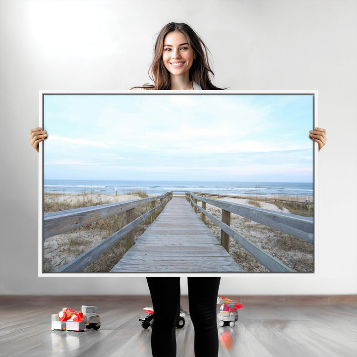 Beach Boardwalk Wall Art Canvas Print, Framed Coastal Serenity Art Picture Print, Ocean View Perfect Coastal Decor Artwork