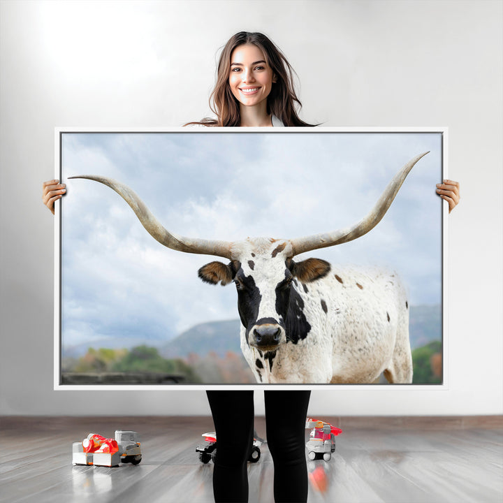 Texas Longhorn Wall Art Canvas Print, Framed Western Rustic Art Picture Print, Farmhouse Decor Perfect Farmhouse Decor Artwork