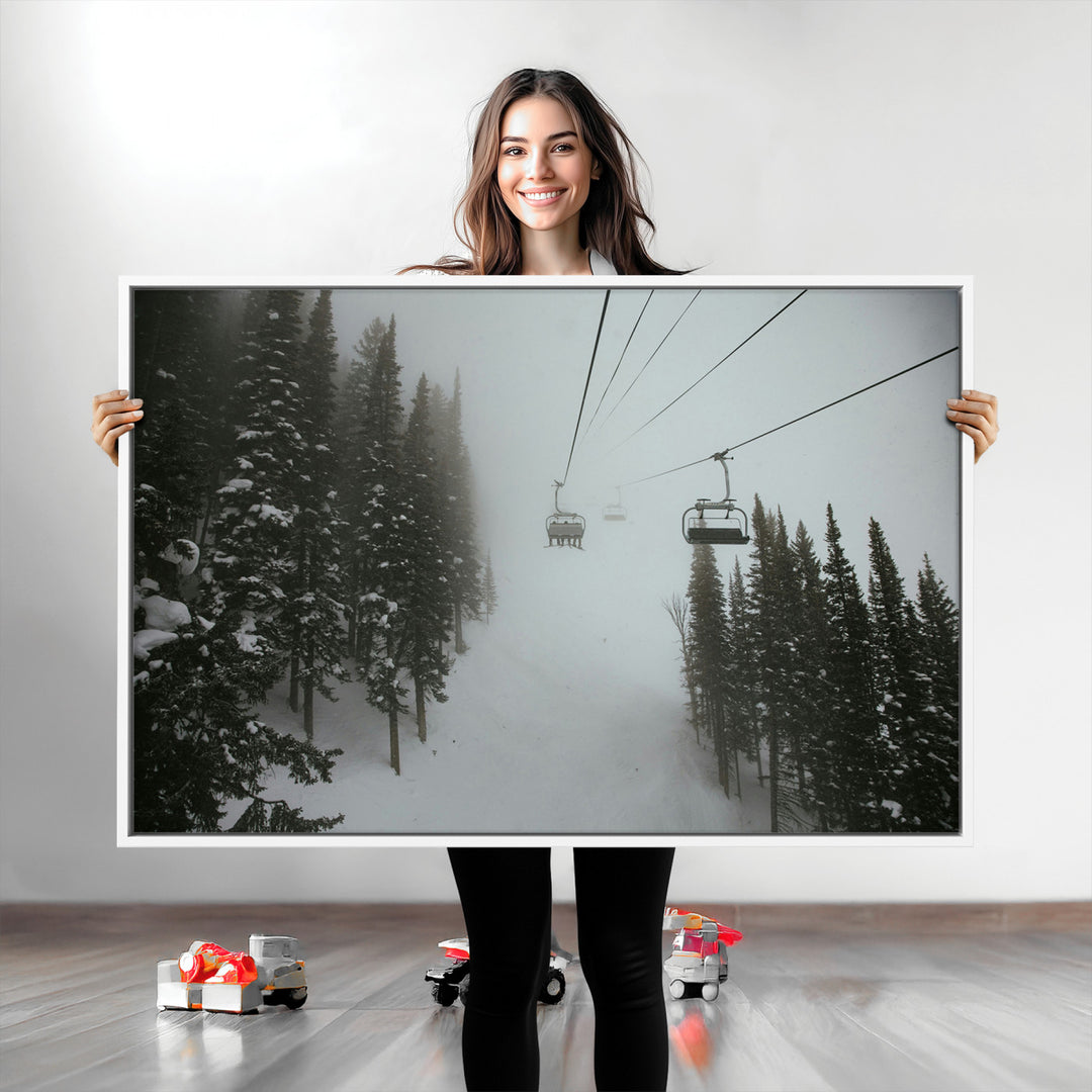 Ski Lift Wall Art Canvas Print, Framed Snowy Pines Art Picture Print, Misty Landscape Perfect Winter Serenity Decor Artwork