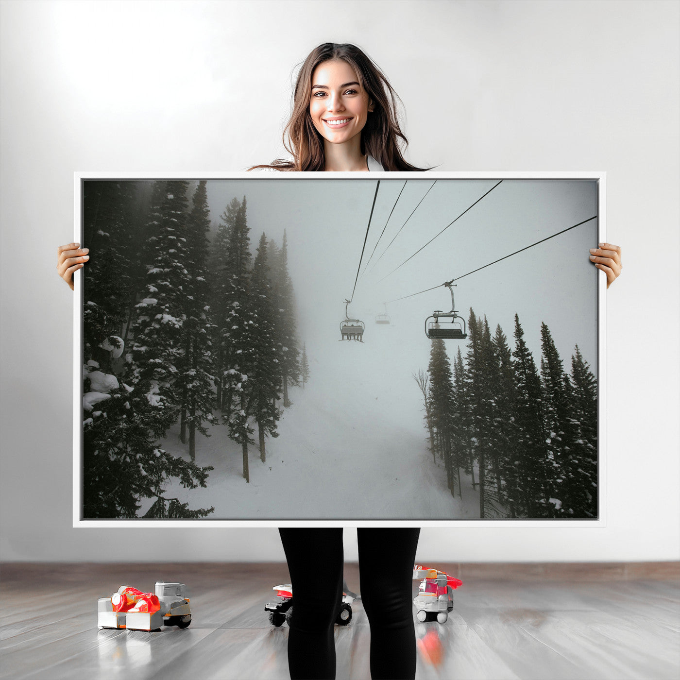 Ski Lift Wall Art Canvas Print, Framed Snowy Pines Art Picture Print, Misty Landscape Perfect Winter Serenity Decor Artwork
