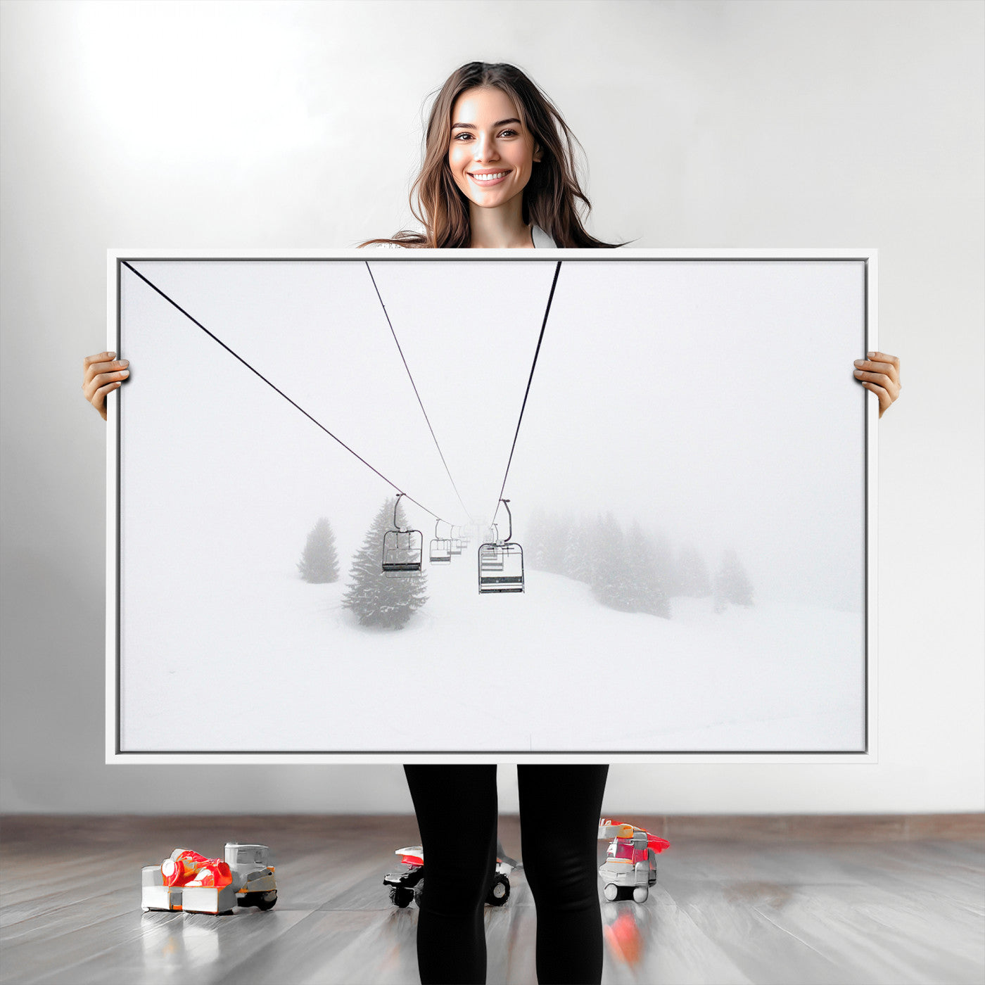 Ski Lift Print Wall Art Canvas, Framed Snowy Landscape Art Picture Print, Alpine Adventure Perfect Nordic Minimalist Decor Artwork