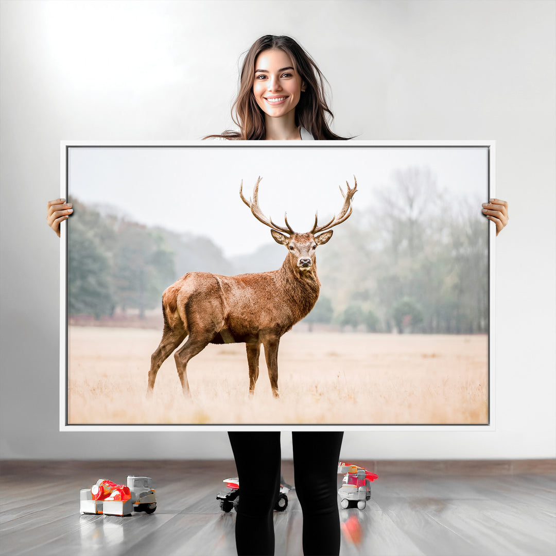 Vintage Wildlife Canvas Print, Framed Misty Landscape Art Picture Print, Deer Wall Art Perfect Rustic Wildlife Decor Artwork