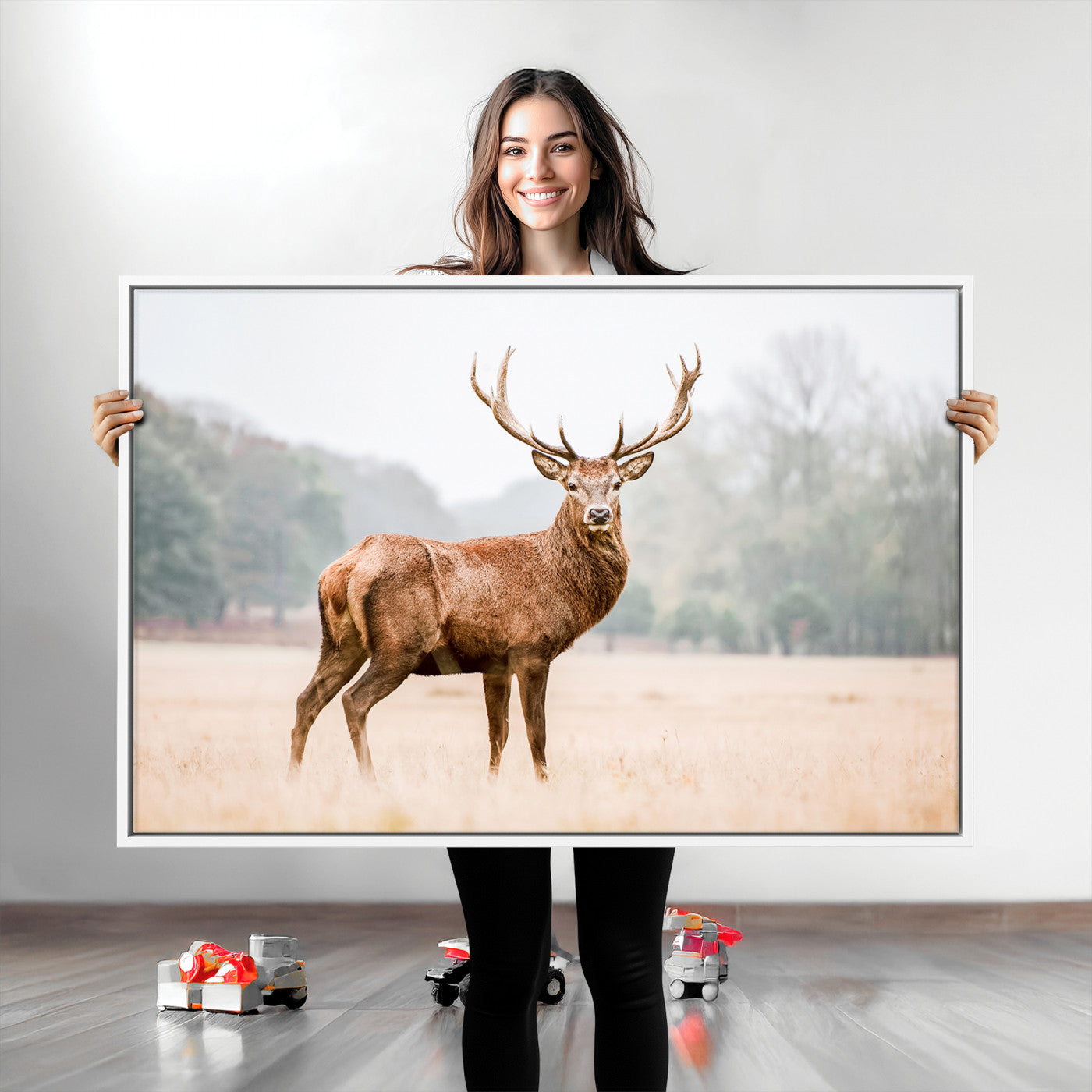 Vintage Wildlife Canvas Print, Framed Misty Landscape Art Picture Print, Deer Wall Art Perfect Rustic Wildlife Decor Artwork