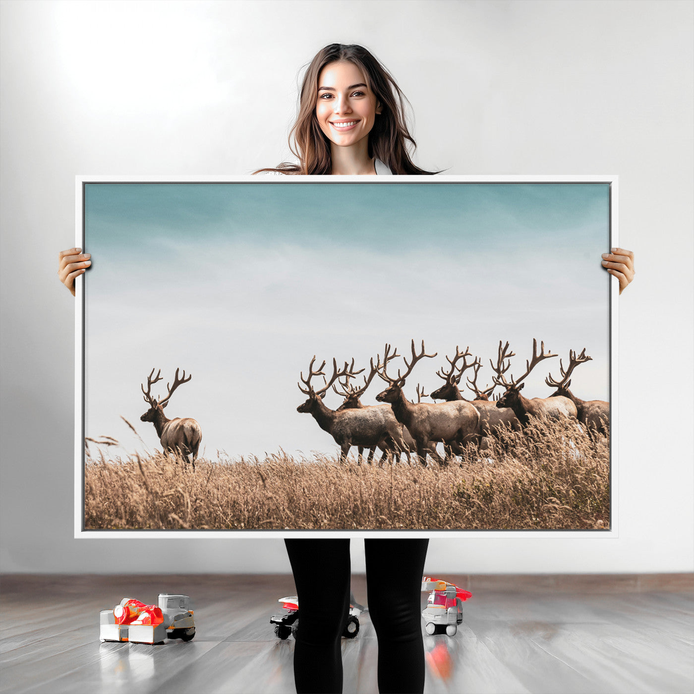 Elk Herd Wall Art Canvas, Antler Canvas Print, Framed Wildlife Photography Art Picture Print, Rustic Nature Print Perfect Rustic Wildlife