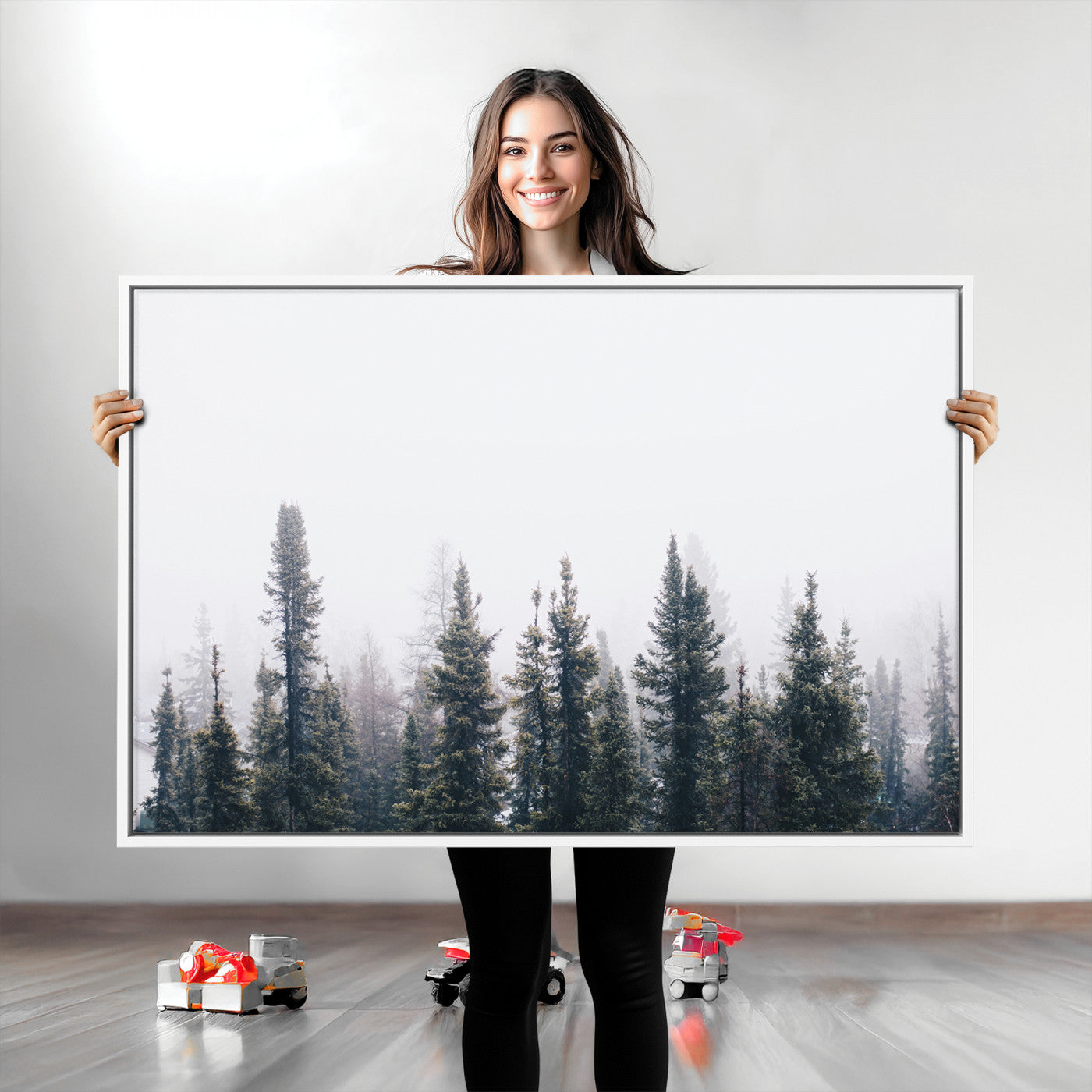 Foggy Forest Wall Art Canvas Print, Framed Misty Pines Art Picture Print, Moody Woodland Perfect Scandinavian Minimalist Decor Artwork