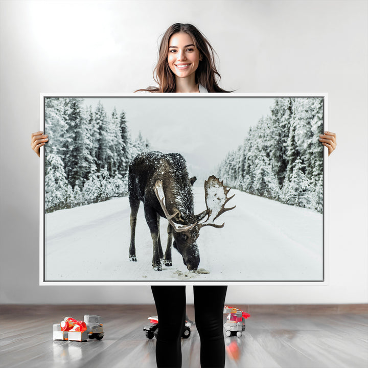 Moose in Snow Wall Art Canvas Print, Framed Winter Wildlife Art Picture Print, Snowy Forest Scene Perfect Rustic Lodge Decor Artwork