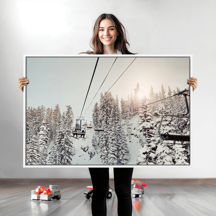 Frosty Pines Wall Art Canvas Print, Framed Cozy Cabin View Art Picture Print, Ski Lift Ride Perfect Rustic Lodge Decor Artwork