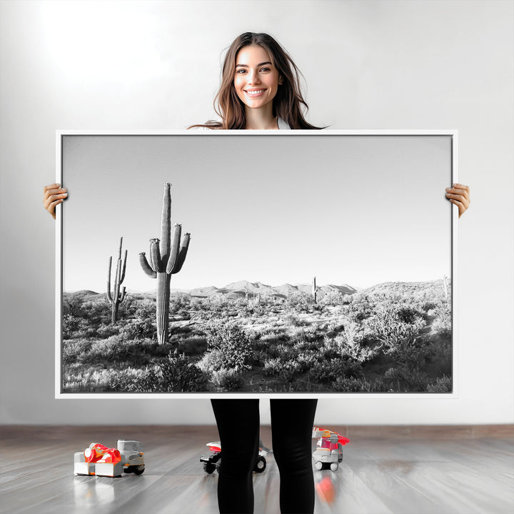 Saguaro Cactus Canvas Print Wall Art , Monochrome Landscape Print, Framed Scenic Arizona Art Print, Large Timeless Western Aesthetic