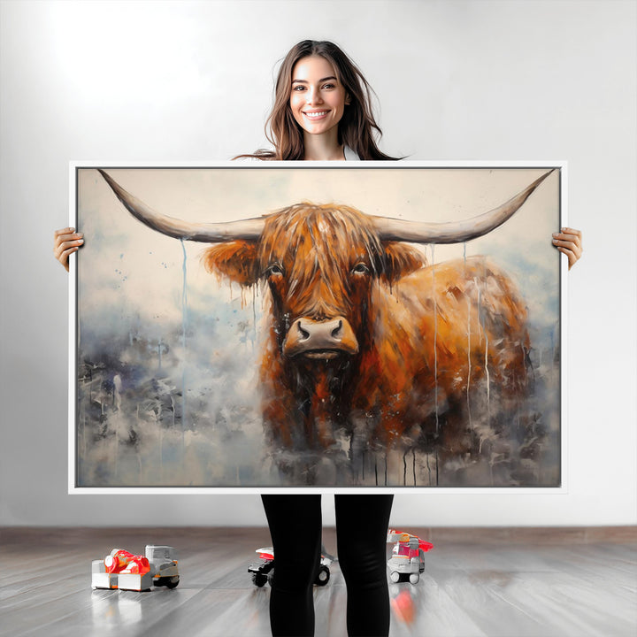 Scottish Highland Wall Art Canvas Print, Framed Longhorn Art Picture Print, Western Cow Perfect Farmhouse Decor Artwork