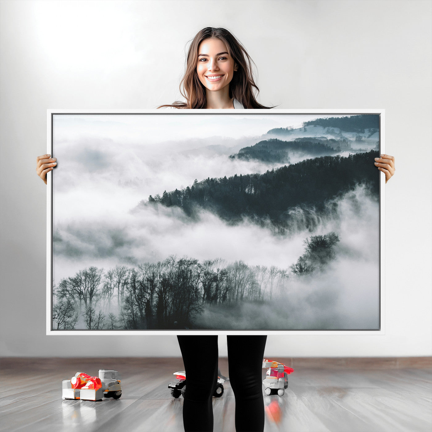 67569654-MGV-CV-36X24-Foggy Forest Landscape Wall Art Canvas Print – Misty Mountain Valley Scene in Monochrome Tones, Perfect for Minimalist or Nordic Home Decor