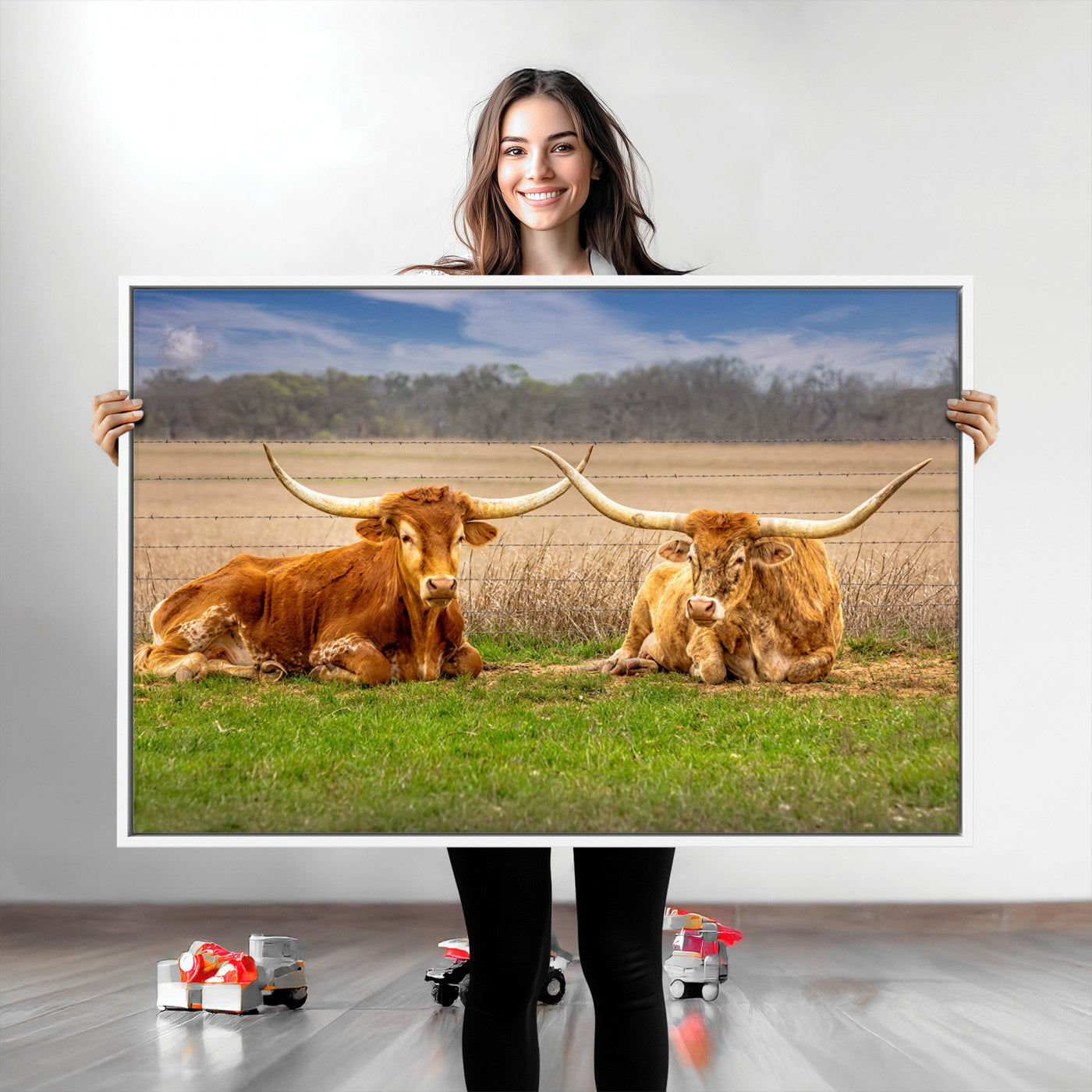 54598515-MGV-CV-36X24-Texas Longhorn Pair Wall Art Canvas Print – Peaceful Rustic Ranch Scene with Two Cattle in Field, Perfect for Western Farmhouse Home Decor