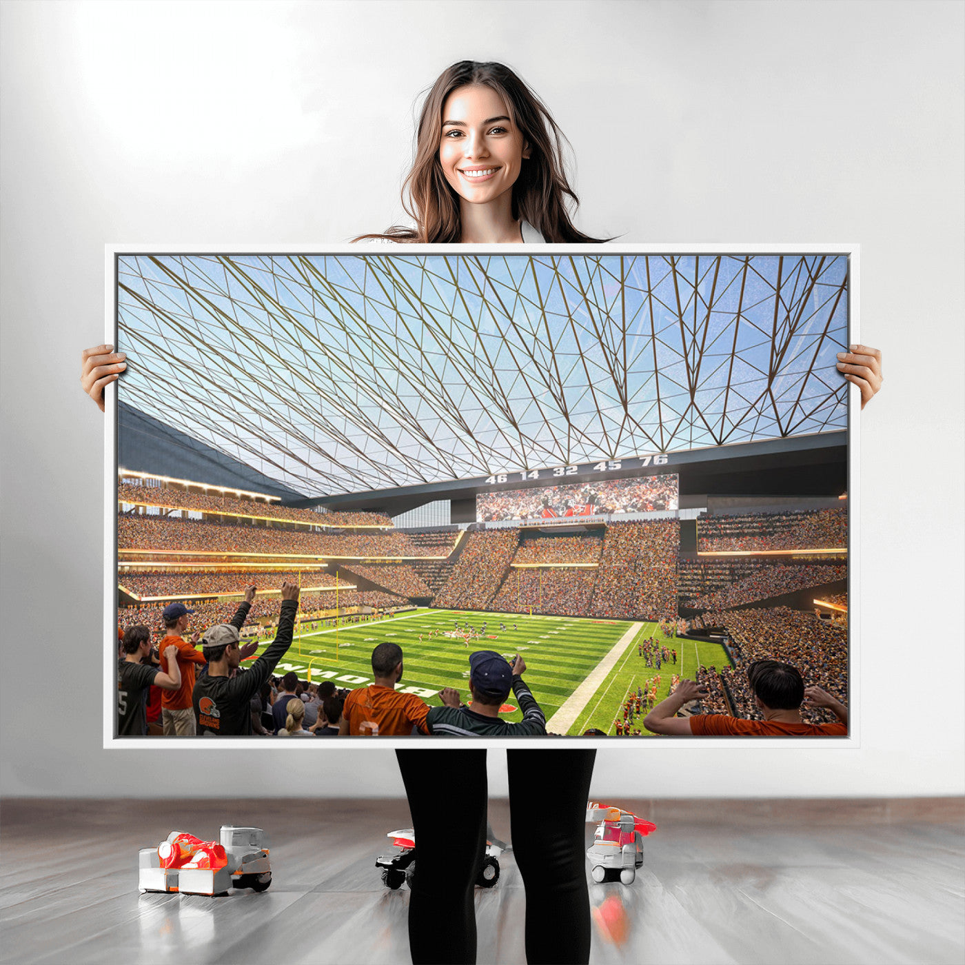 81960112-MGV-CV-36X24-Cleveland Browns Stadium Wall Art Canvas Print – Framed Football Artwork Featuring Cleveland Skyline and Browns Stadium, Perfect for Man Cave or Game Room Decor