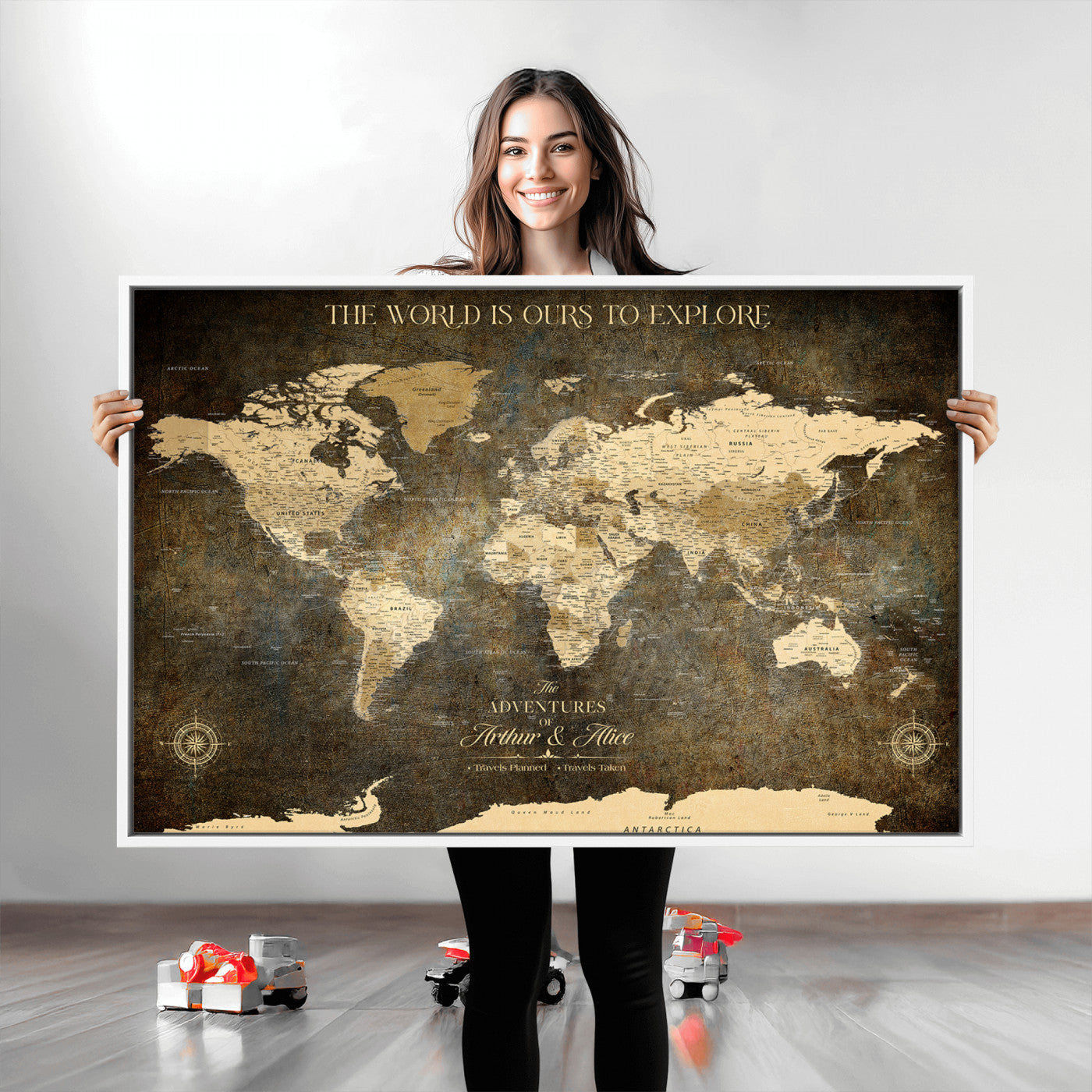 76675404-MGV-CV-36X24-Framed Push Pin World Travel Map – Canvas Wall Art for Tracking Adventures, Decorative Vintage Style Map with Pins for Home or Office - H1