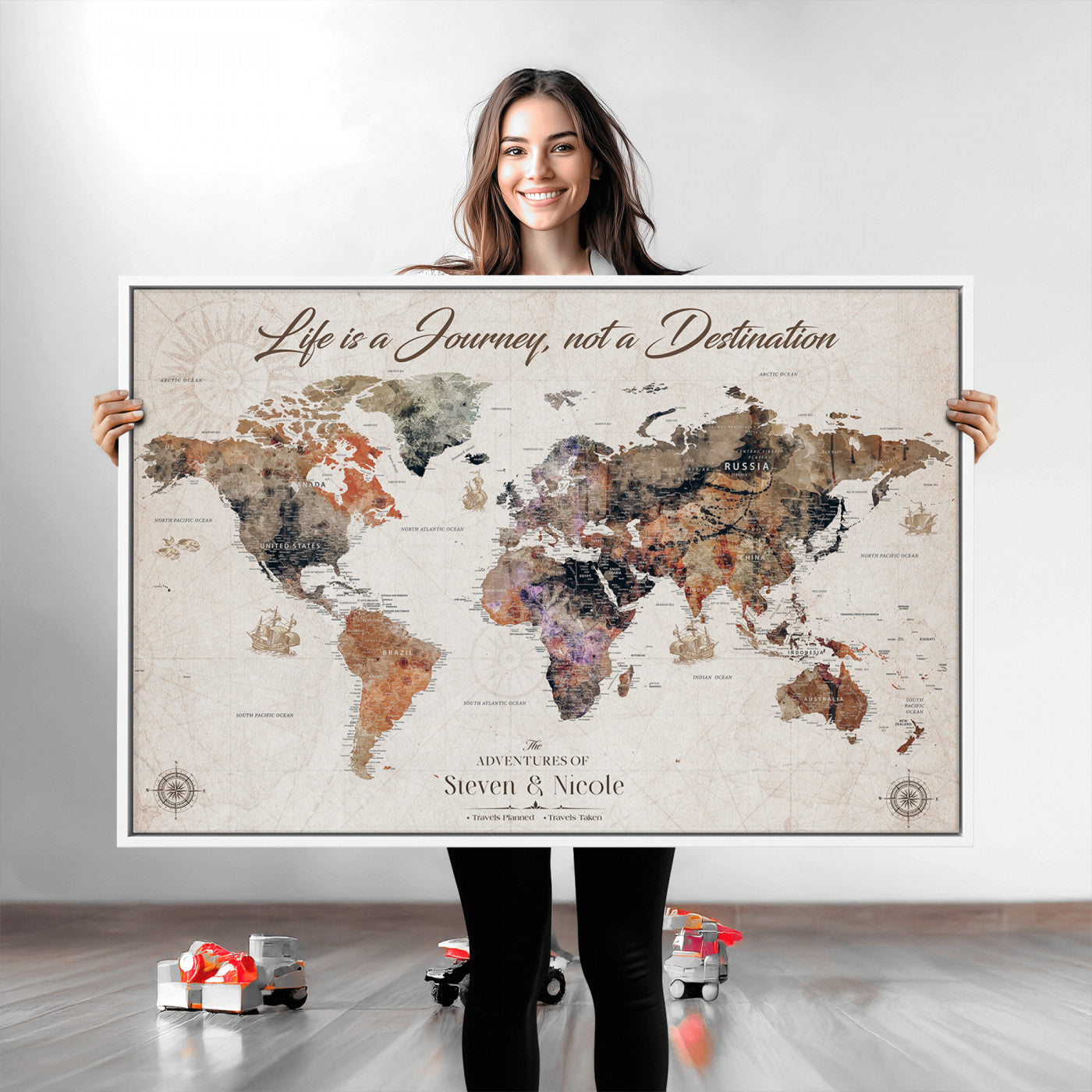 96000140-MGV-CV-36X24-Custom Push Pin World Map Wall Canvas Print – Personalized Travel Tracker with Pins – Framed Large Multi-Size Canvas for Home Office Decor