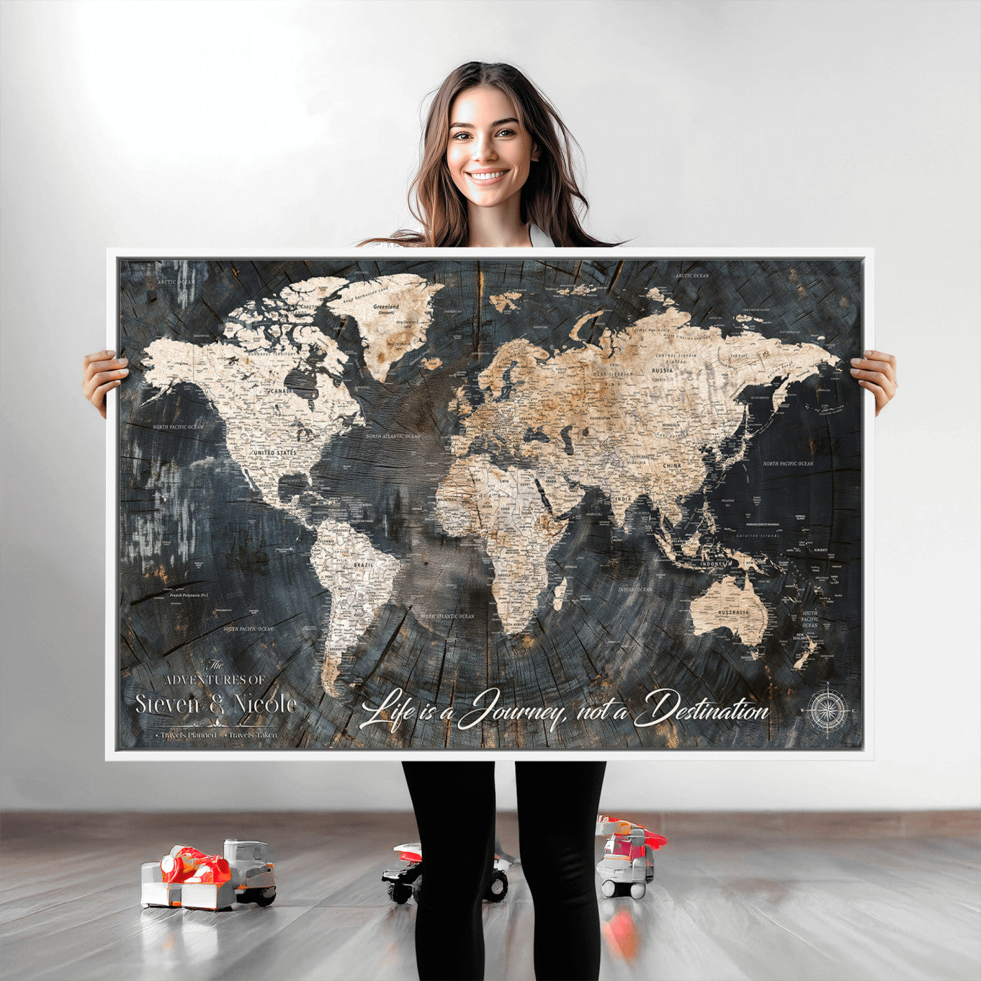 13001721-MGV-CV-36X24-Custom Push Pin World Map Wall Canvas Print – Personalized Travel Tracker with Pins – Framed Large Multi-Size Canvas for Home Office Decor