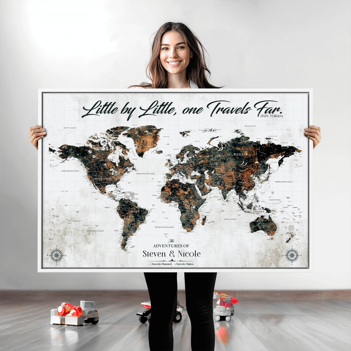 89231588-MGV-CV-36X24-Custom Push Pin World Map Wall Canvas Print – Personalized Travel Tracker with Pins – Framed Large Multi-Size Canvas for Home Office Decor