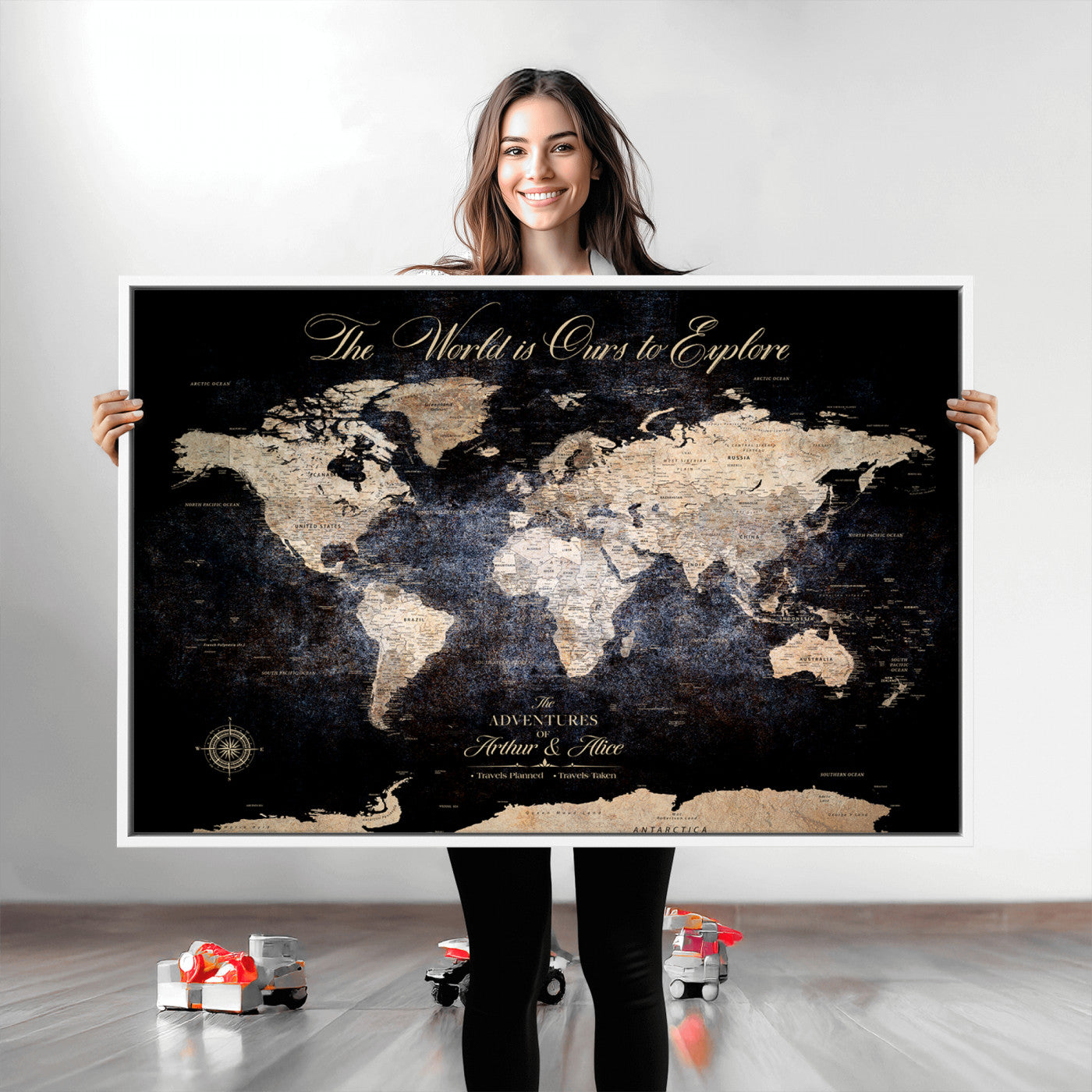 21010471-MGV-CV-36X24-Customize Push Pin World Map Wall Canvas Print, Personalized Travel Tracker with Pins, Framed Large Canvas for Home Office Decor - H37