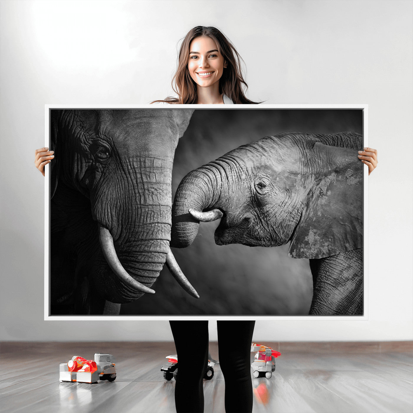 42691-MGV-CV-36X24-Elephant Family Wall Art Canvas, Framed Elephant Family Canvas Print