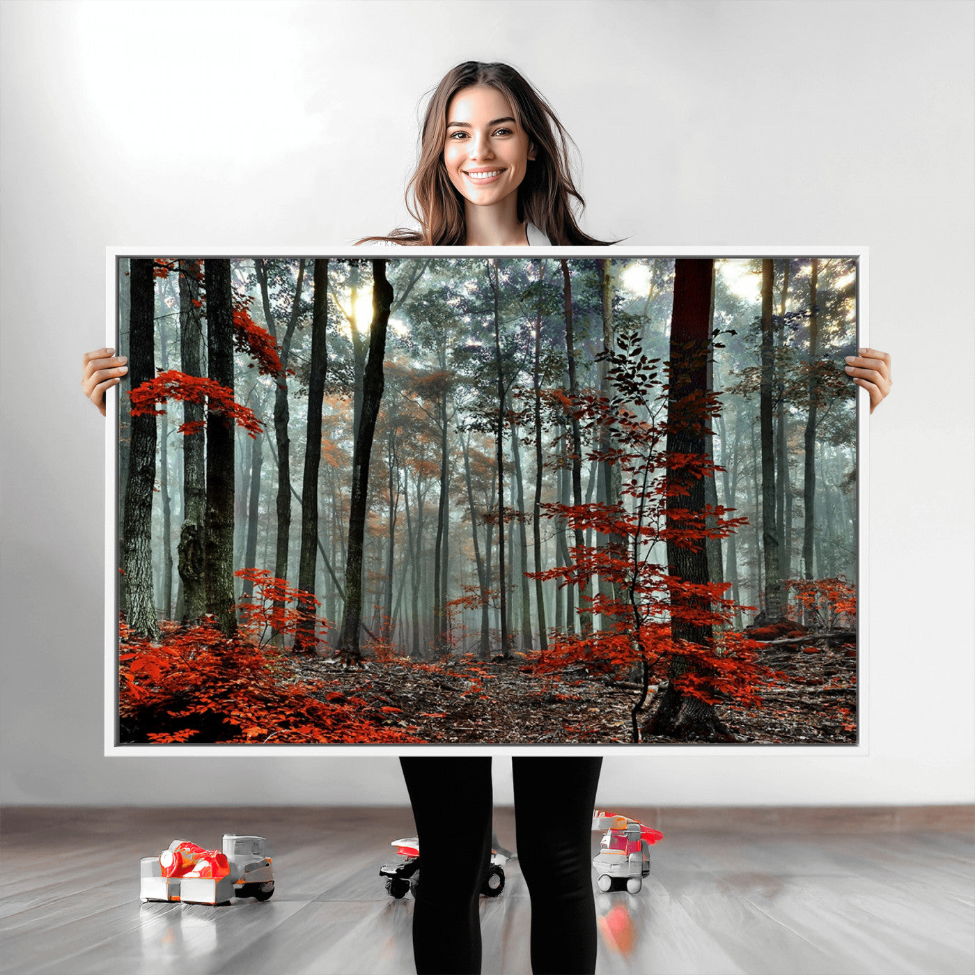 59209-MGV-CV-36X24-Autumn Forest Canvas Wall Art – Enchanting Red Leaves Triptych Print – Nature-Inspired Decor for Living Room or Office – Ready to Hang