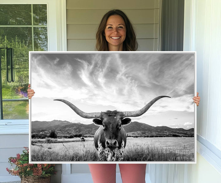 Modern living room featuring Longhorn Cow Wall Art Canvas Print.