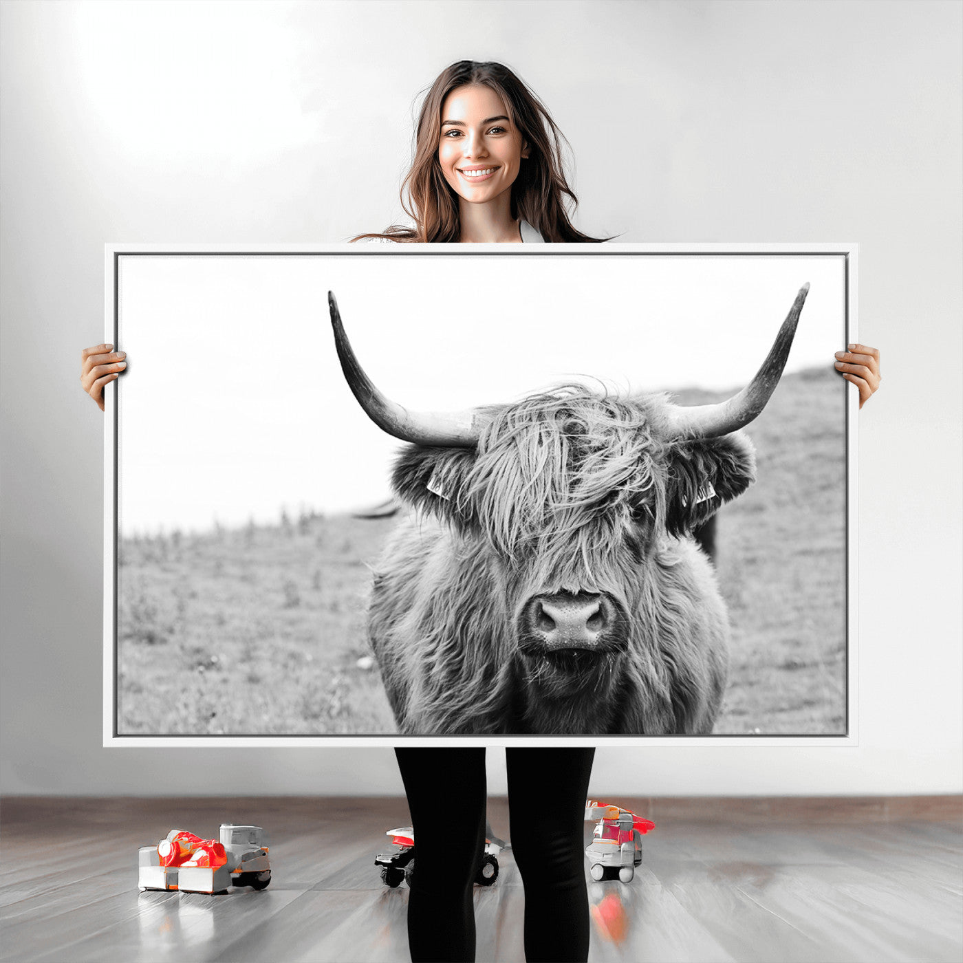 16248-MGV-CV-36X24-Newfoundland Cow Art Wall Art, Black White Cow Art Wall Art Canvas Print