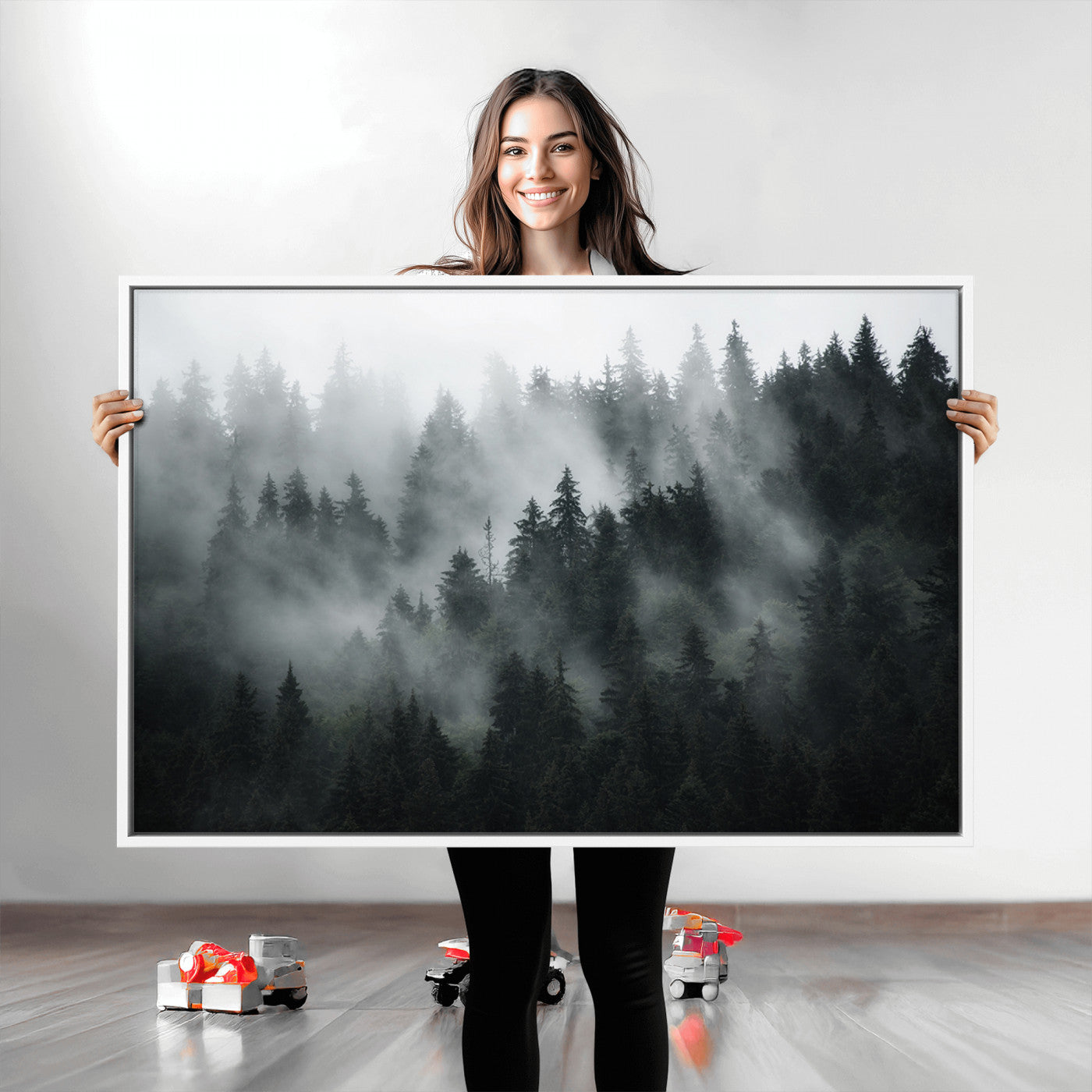 52359-MGV-CV-36X24-Foggy Forest Wall Art Canvas Print | 3 Panel Large Misty Landscape for Dining Room, Office, or Living Room | Ready to Hang Nature Deco