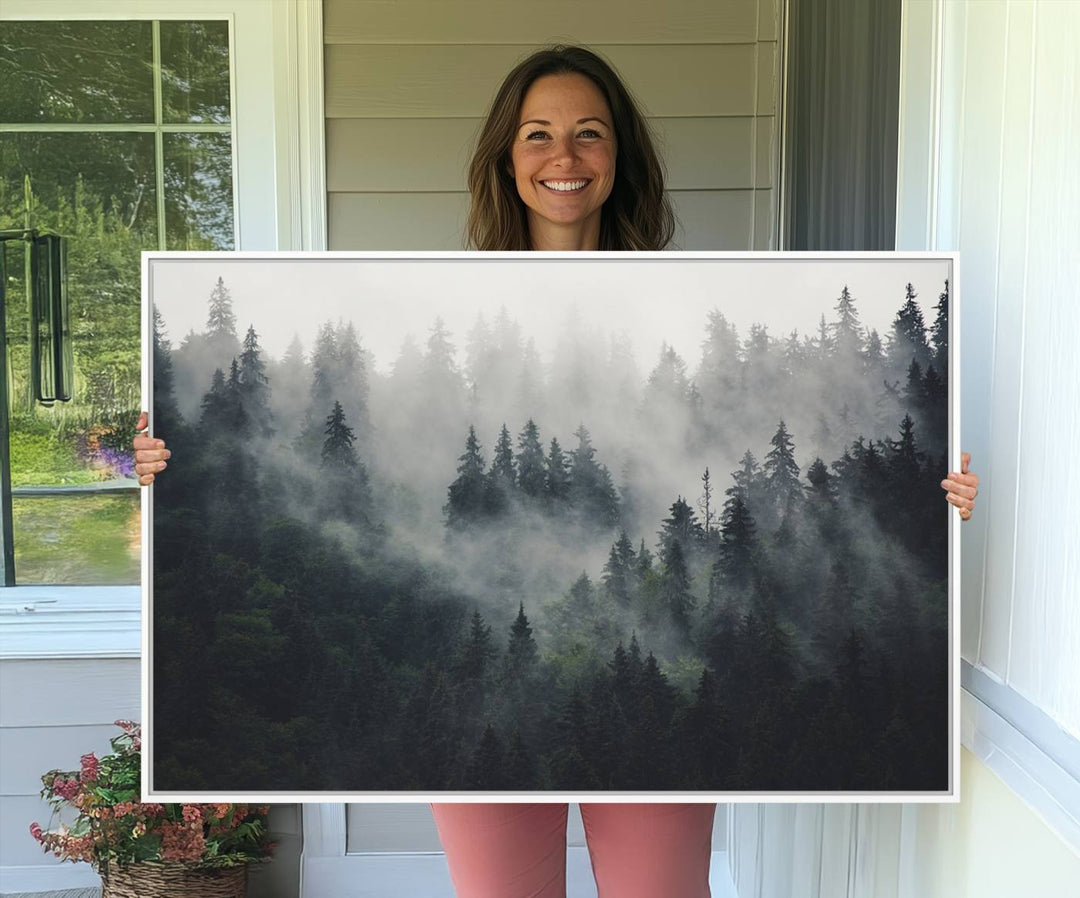 The Serene Triptych Print features tall evergreens, creating a mysterious and calming atmosphere.