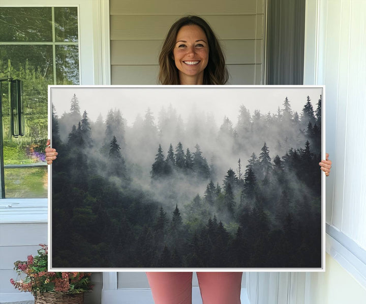 The Serene Triptych Print features tall evergreens, creating a mysterious and calming atmosphere.