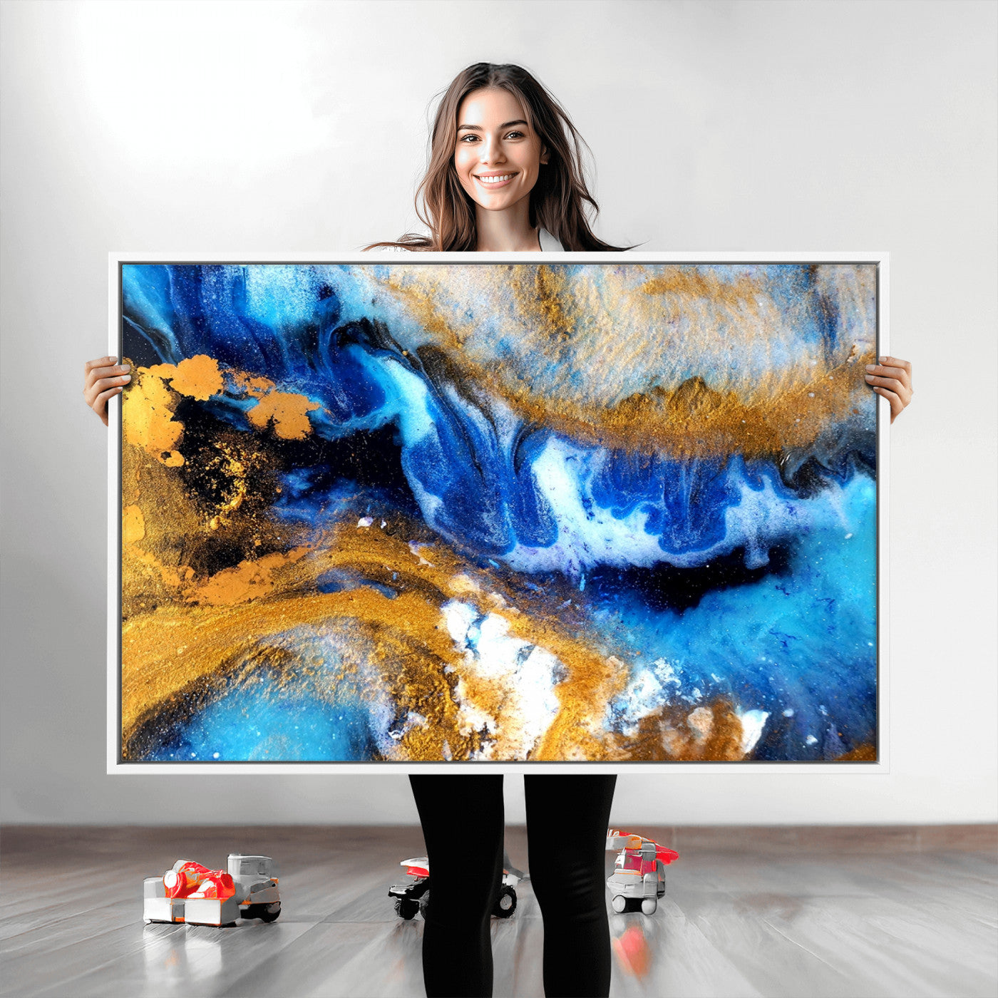 42100-MGV-CV-36X24-Blue Orange Marble Fluid Effect Canvas Wall Art Print