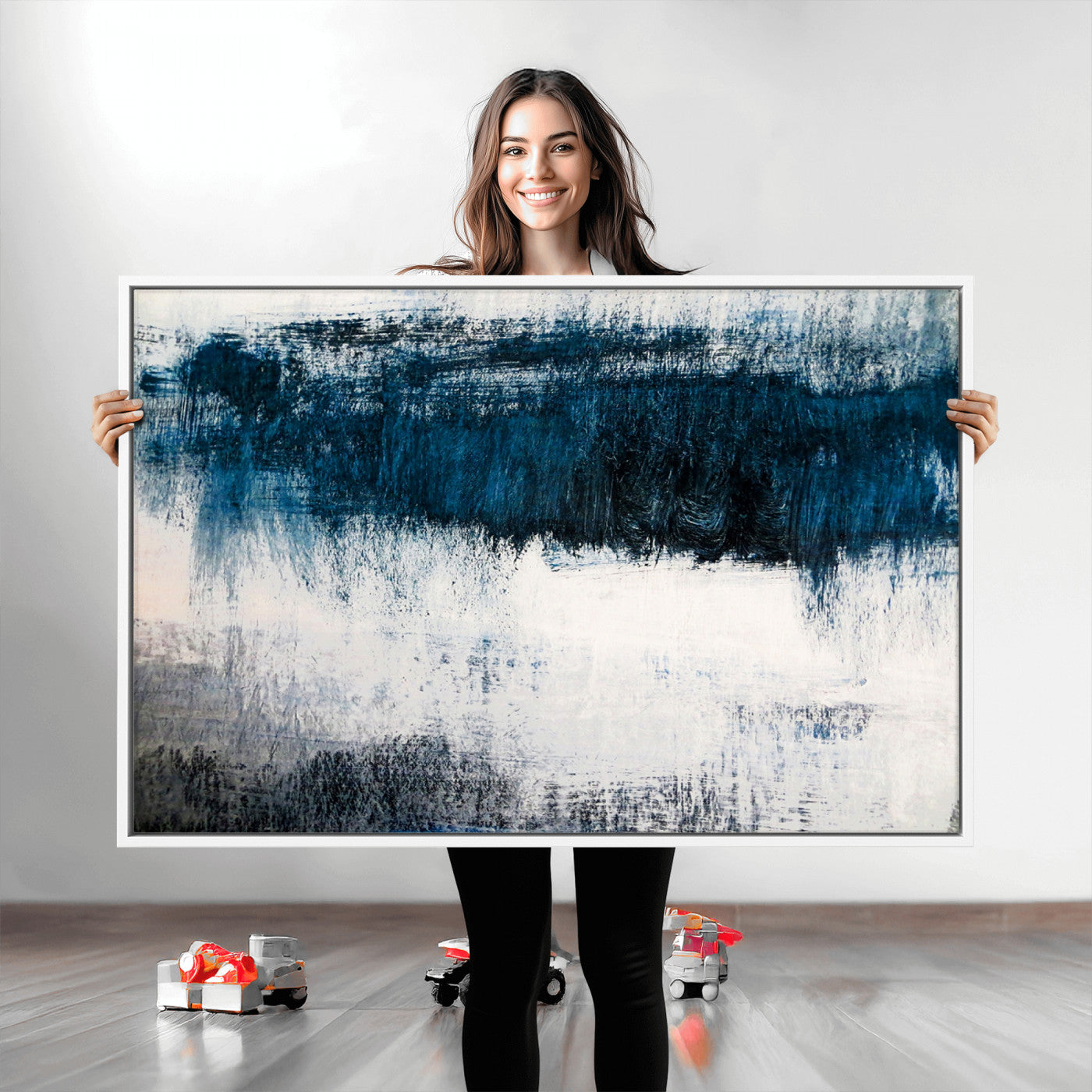 38954-MGV-CV-36X24-Abstract Blue and White Canvas Art | Large Wall Art for Modern Living Room Decor | Minimalist Brushstroke Painting on Canvas