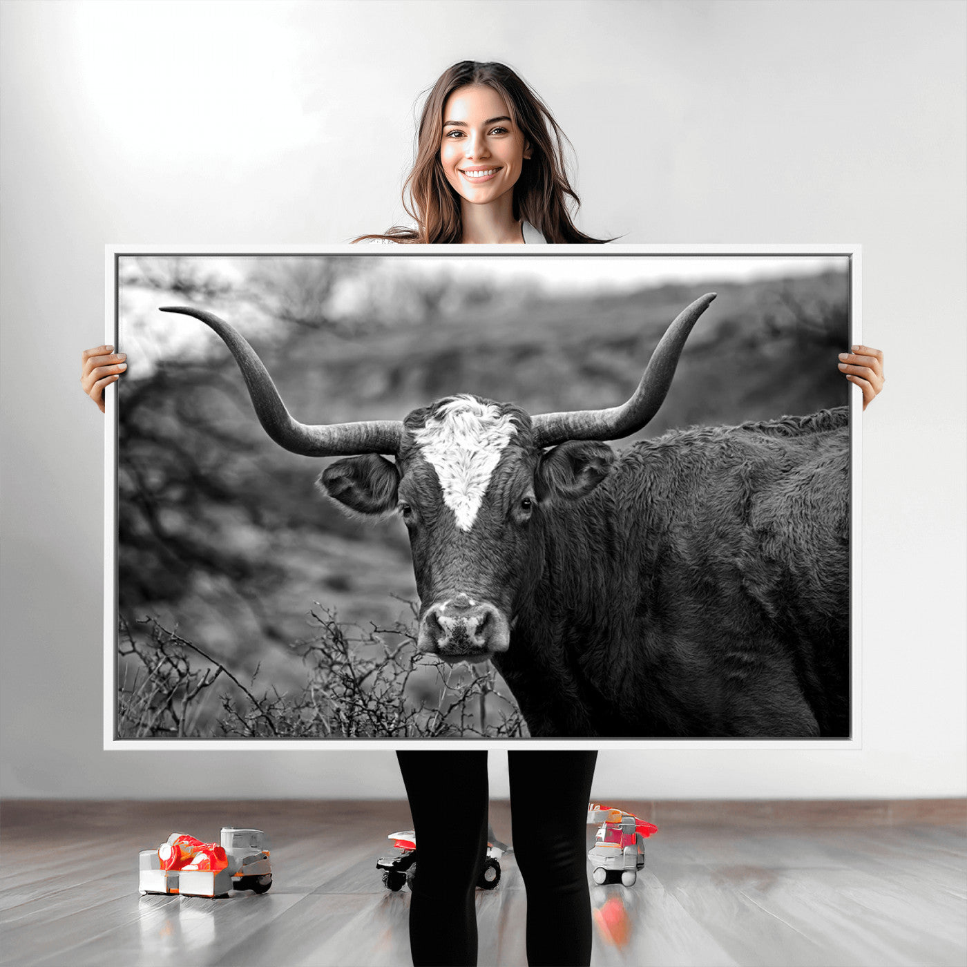 76200-MGV-CV-36X24-Western Home Wall Art Canvas Print, Framed Texas Longhorn Art Picture Print, Rustic Cow Perfect Rustic Farmhouse Decor Artwork
