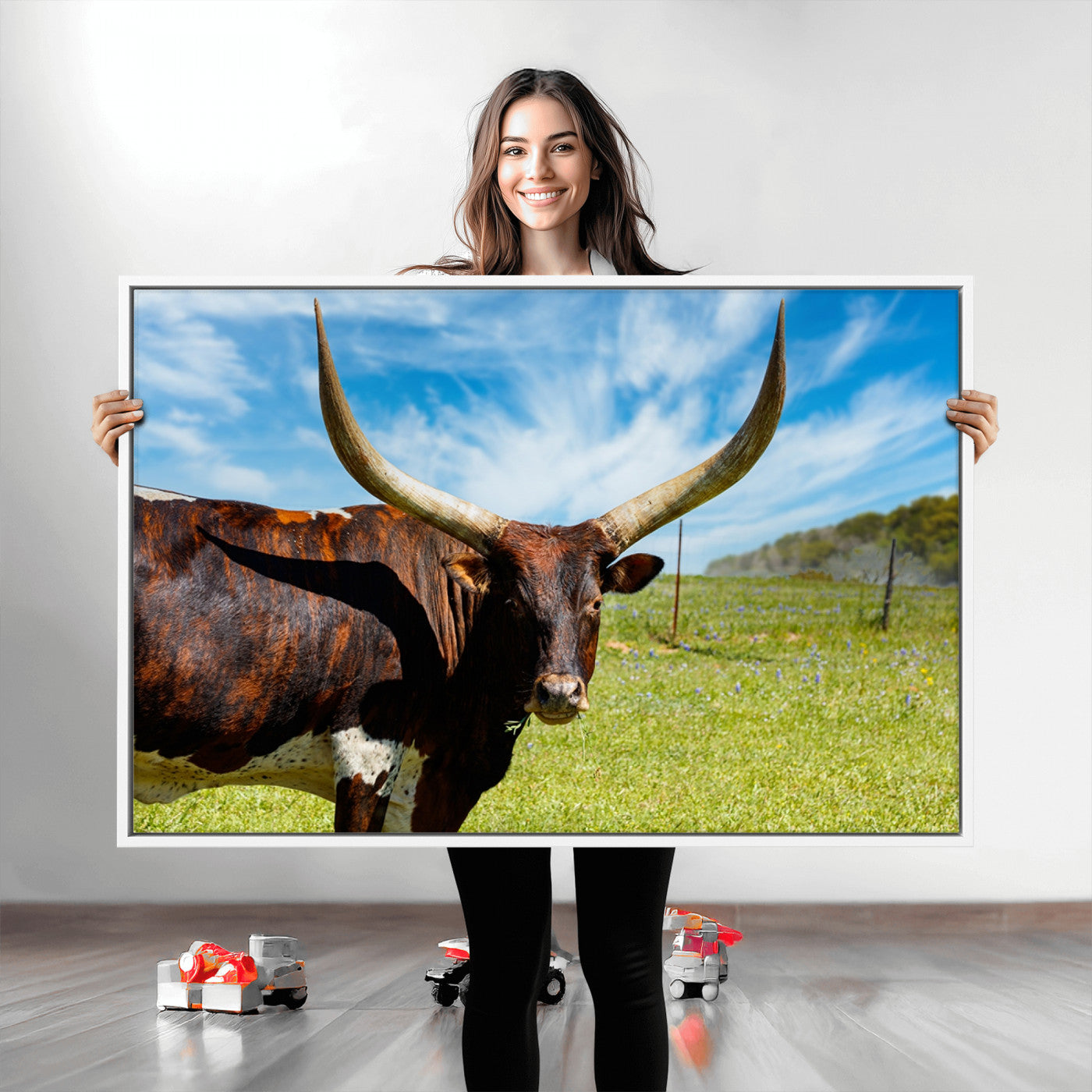 47037-MGV-CV-36X24-Longhorn and Cow Wall Art, Country Cow Wall Decor Canvas Print