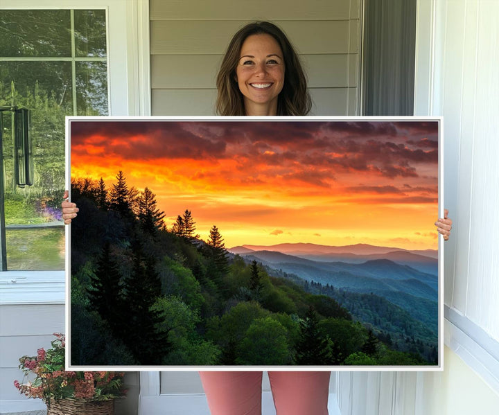 The Great Smoky Mountains Sunset Wall Art, a 3-panel print, beautifully captures natures beauty and is perfect for living room or office decor.