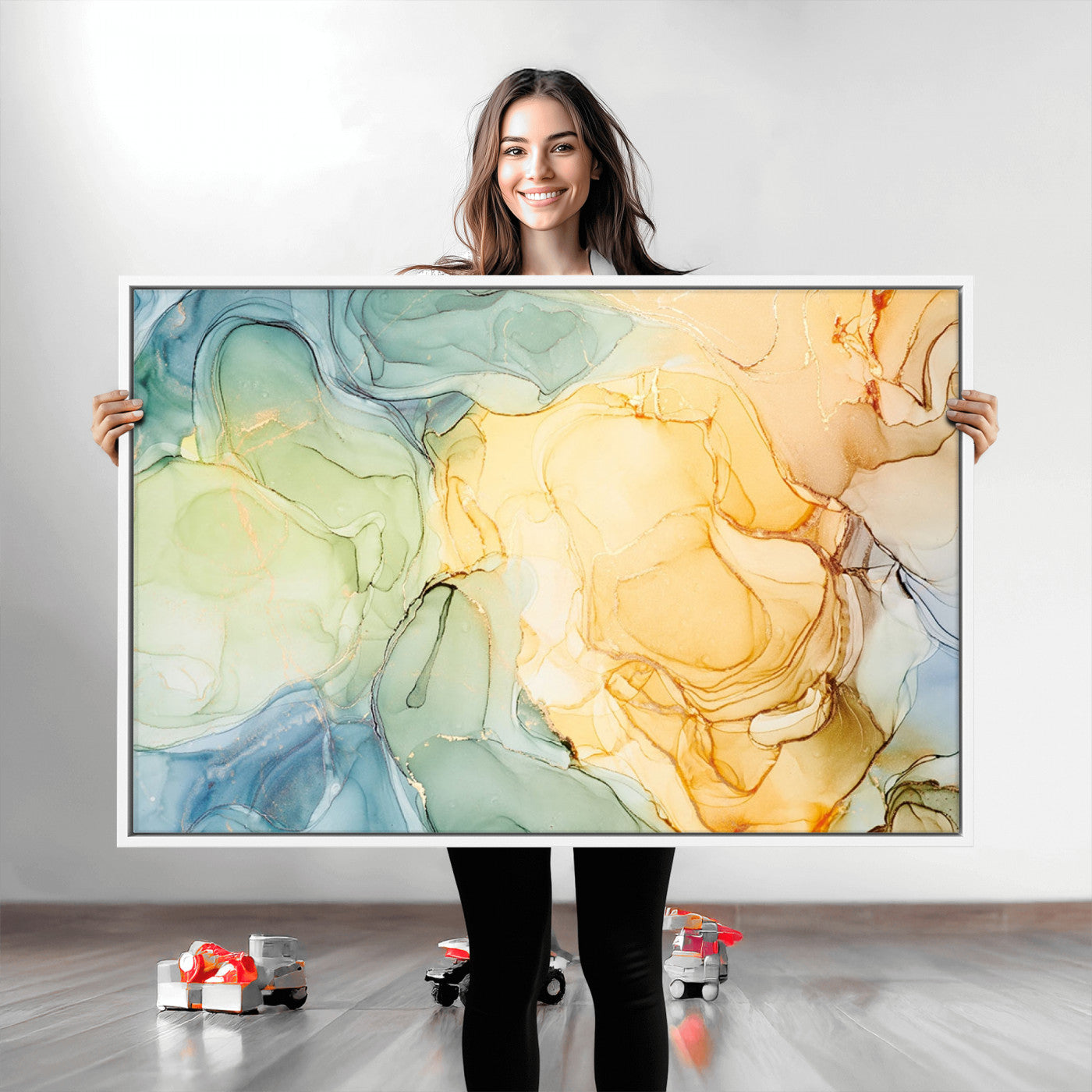 42195-MGV-CV-36X24-Green and Yellow Marble Fluid Effect Wall Art, Green and Yellow Marble Canvas Wall Art Print